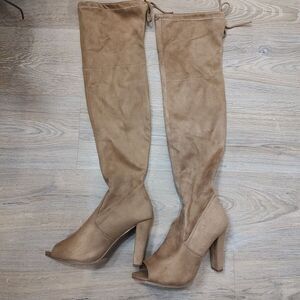 Forever Thigh High Boots Women 9 Brown Suede Open Peekaboo Toe Over The Knee‎